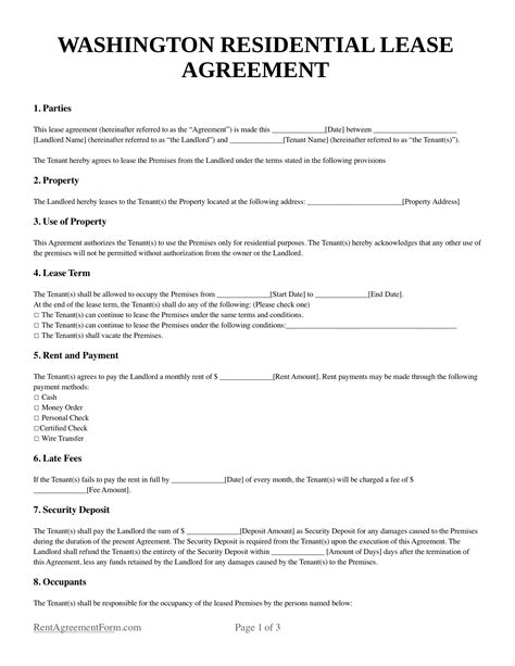 Free Washington Wa Rental Lease Agreement Form Pdf