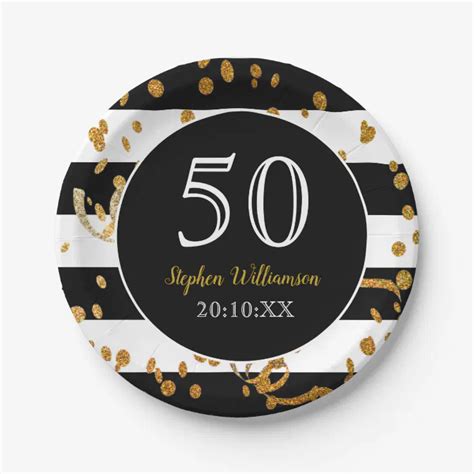 50th Birthday Party Black White And Gold Glitter Paper Plates Zazzle