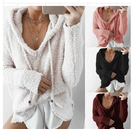 2018 Autumn Top Women Casual Mohair Hooded Pullovers V Neck Fleece