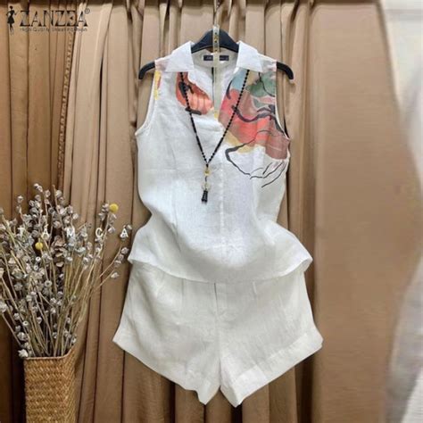 Zanzea Womens 2pcs Cotton Linen Sets Sleeveless Lapel Shirts Front Zipper A Line Shorts Floral