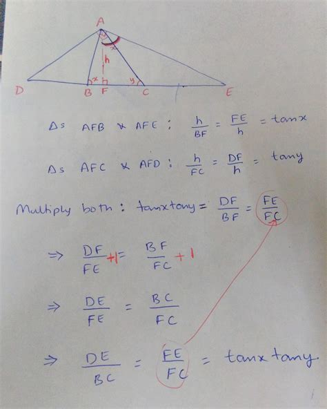 trigonometry - High School Geometry: Prove $DE = BC\tan x \tan y ...