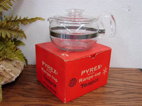 Vintage Nib Pyrex Flameware Glass Stainless Cup Teapot Tea Pot