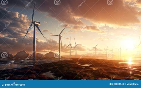 Wind Turbines On The Beach During Sunset 3d Render Illustration Generative Ai Stock