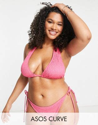 South Beach Curve Exclusive Triangle Crinkle Halter Bikini Top In Pink