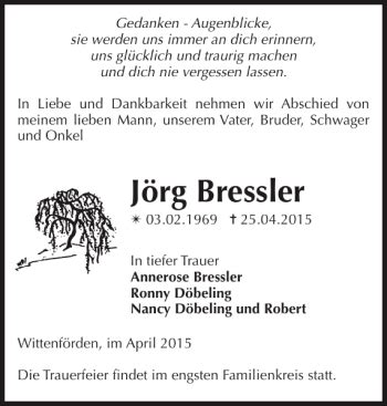 Traueranzeigen Von J Rg Bressler Trauer Nordkurier