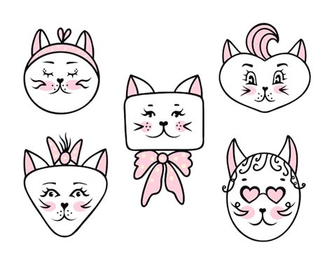 Premium Vector | Cat face set girls hand drawn illustration