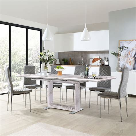 Tokyo Extending Dining Table And 8 Renzo Chairs Grey Marble Effect Grey Classic Velvet And Chrome