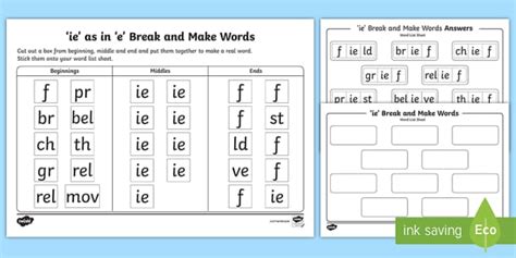 Ie As In E Sound Break And Make Worksheet Teacher Made