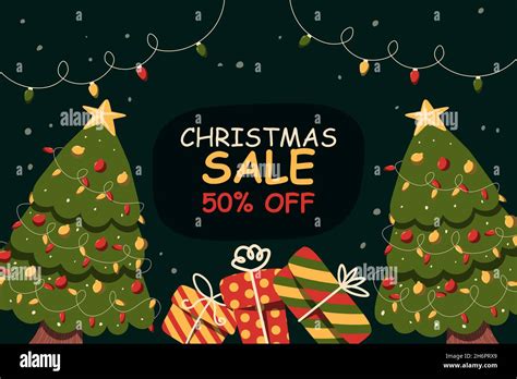 Christmas Sale Background With Green Christmas Tree And Gift Box