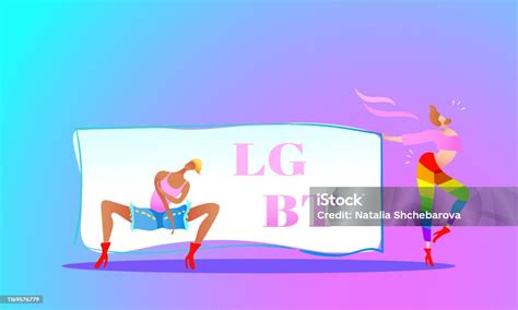 Vector Illustration Trendy Gay Men On Heels With A Table And Lgbt Text