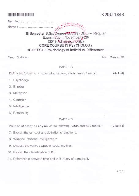 Kannur University B Sc Core Course In Psychology Third Semester 3bo5 Psy Psychology Of