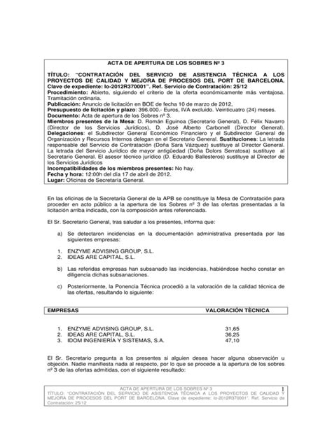 Acta De Apertura De Los Sobres N T Tulo