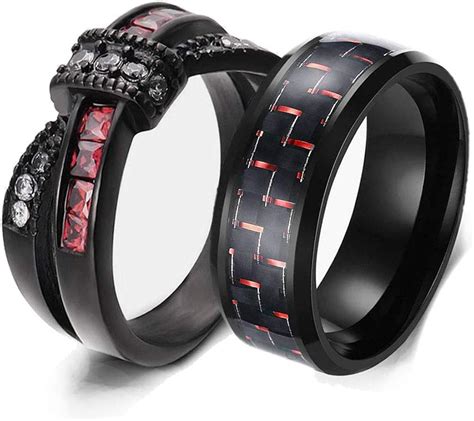 Wedding Ring Set His Hers Couples Matching Rings Women S Black Gold Filled Red Ruby Cz Wedding