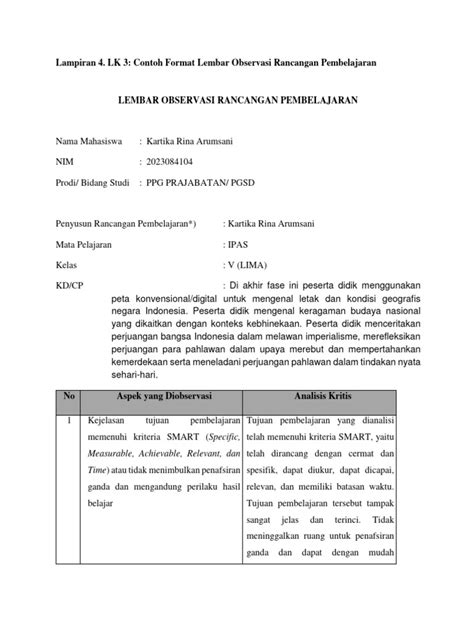 Lampiran 4 Lk 3 Contoh Format Lembar Observasi Rancangan Pembelajaran