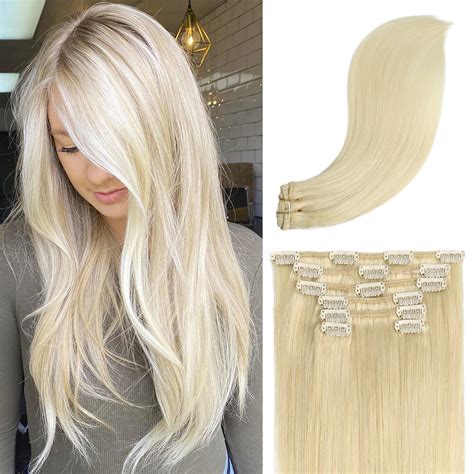 8A Platinum Blonde Clip In Remy Human Hair Extensions 7pcs 70g 60