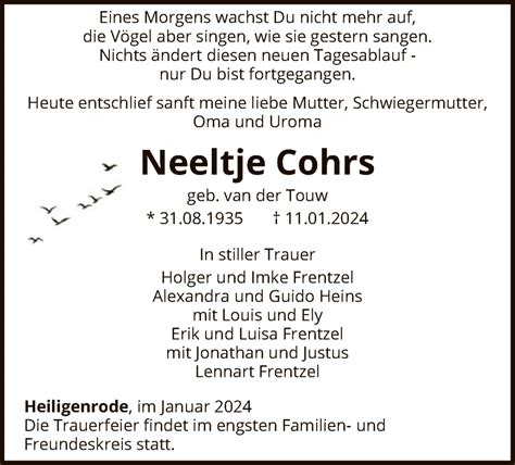 Traueranzeigen Von Neeltje Cohrs Trauer Kreiszeitung De