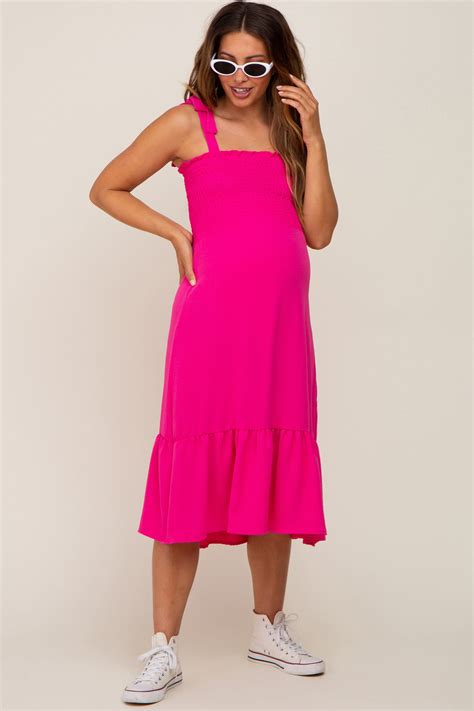 Fuchsia Smocked Shoulder Tie Maternity Midi Dress Pinkblush