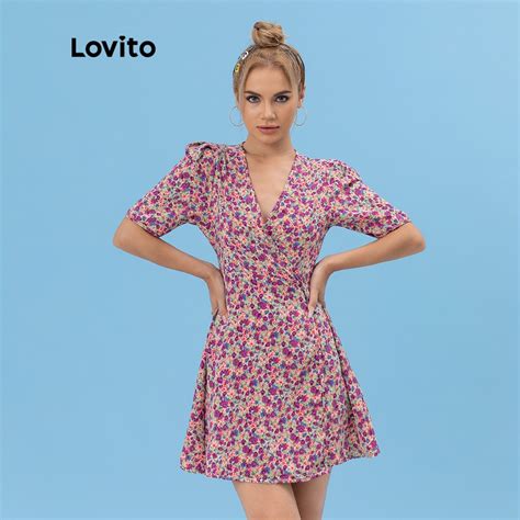 Lovito Cute Floral Print Puff Sleeve Women Dresses L06040 Purple