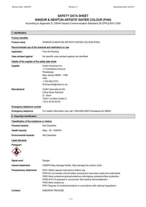 Pdf Safety Data Sheet Winsor Newton Artists Water Colour Colart