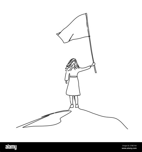 Woman Holding A Flag On Top Of A Mountain One Line Drawing Vector