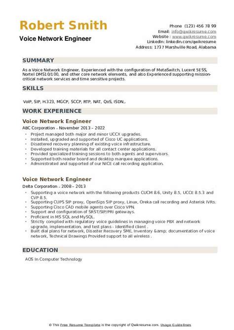 Voice Network Engineer Resume Samples QwikResume