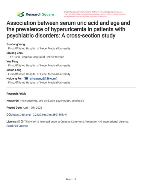 Pdf Association Between Serum Uric Acid And Age And The Prevalence Of