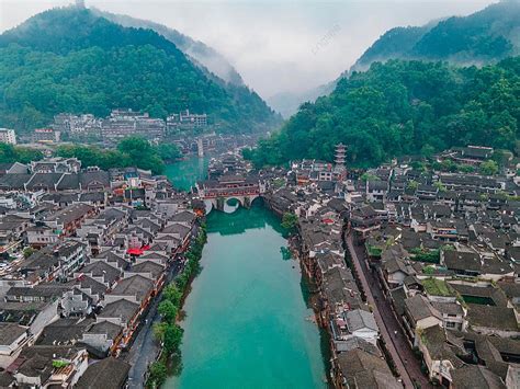 City Noon Fenghuang Ancient City Scenery Near The Tuojiang Uav