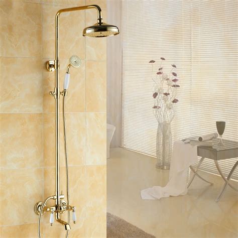 Antique Gold Copper Shower Set With Double Handle European Polished Shower Cold And Hot Wall
