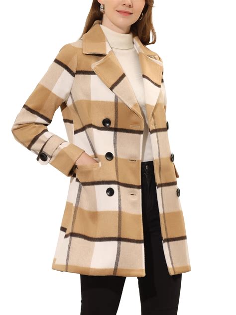 Unique Bargains Womens Plaids Double Breasted Notched Lapel Trench