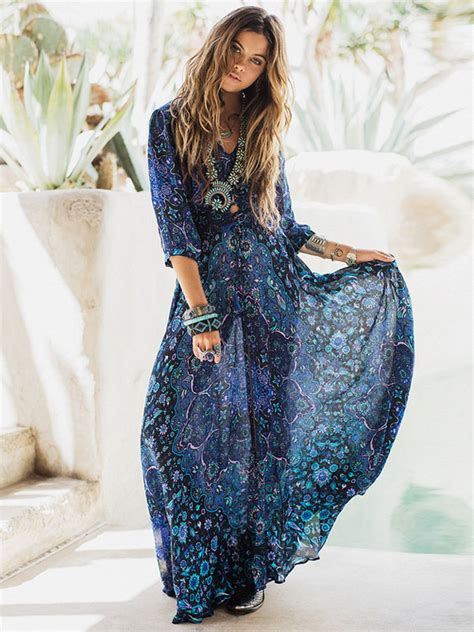 Boho Dress Full Sleeve Maxi Dress Floral Print V Neck High Split Chiffon Long Dress