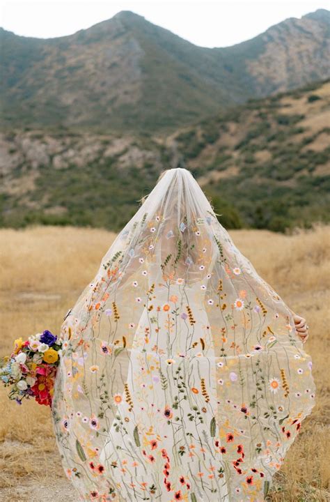 Orange Wildflower Bridal Veil Summer Fall Wedding Floral Embroidery Wedding Veil Wedding