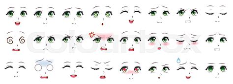 Manga expression. Anime girl facial expressions. Eyes, mouth and nose ...