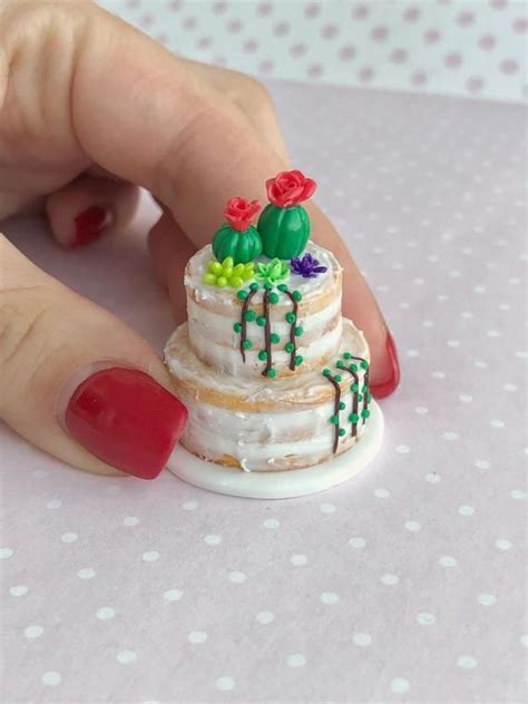 Miniature Food Polymer Clay Naked Cake With Cactus And Succulents For