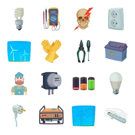 Conjunto De Iconos De Dibujos Animados De Electricidad Vector Premium