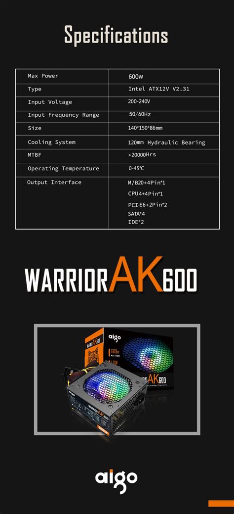 Aigo Warrior AK600 Max 600W Power Supply, Built-in PFC, Intelligent ...