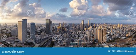 Tel Aviv Skyline At Sunset Tel Aviv Cityscape Large Panorama At Sunset