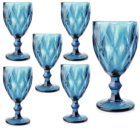 KOMPLET 6 KIELISZKÓW WINA WODY 300ml ELISE BLUE RETRO SZKŁO NIEBIESKIE