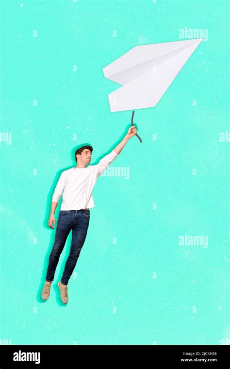 Vertical Composite Collage Portrait Of Person Hand Hold Big Paper Plane