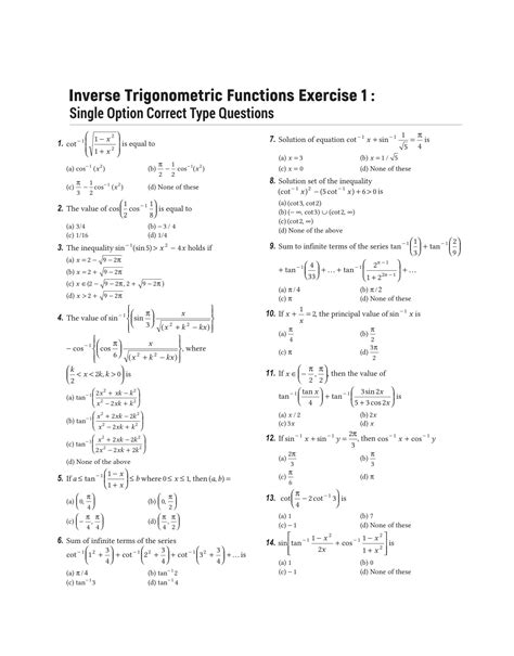 SOLUTION Inverse Trigonometric Functions Itf Exercises Quiz Test