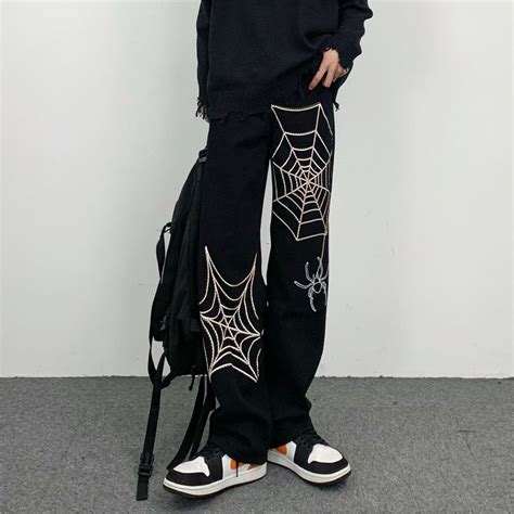 Men Streetwear Vibe Style Wide Legs Baggy Jeans Spider Web Embroidery ...