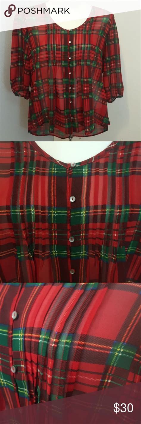 Northstyle Sheer Red And Green Plaid Blouse 1x Plaid Blouse Black