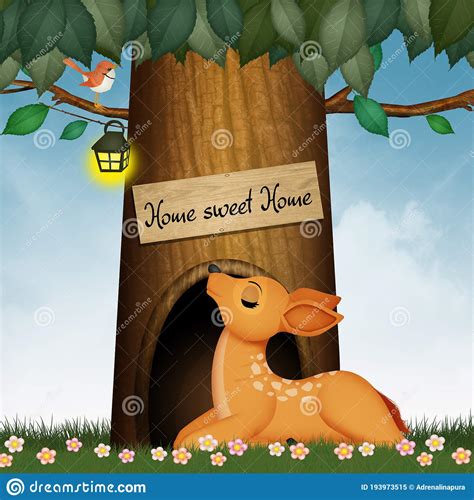 Illustration Of The Fawn Sitting Under The Oak Tree Stock Illustration