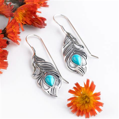 Turquoise And Sterling Silver Peacock Feather Drop Earrings Etsy