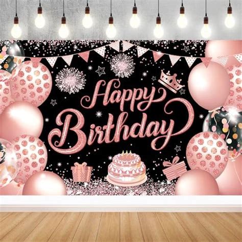 Yinqin 180x120 Cm Black Rose Gold Happy Birthday Party Backdrops Cloth 71x47 In