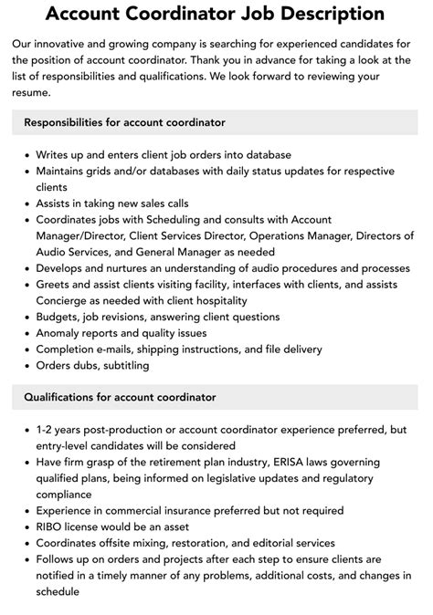 Account Coordinator Job Description Velvet Jobs
