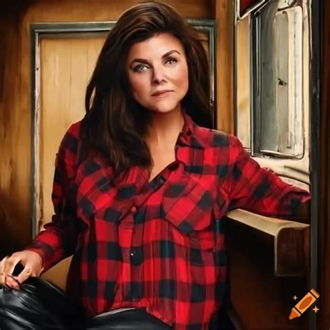 Photorealistic Image Of An Actress In A Red Plaid Shirt And Black