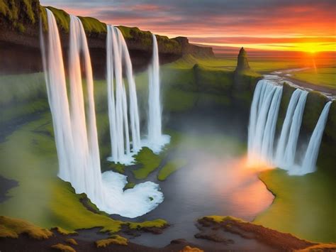 Premium AI Image | A painting of a waterfall with a sunset in the ...