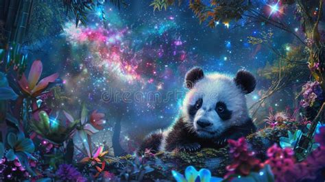 Cosmic Baby Panda Bear Cub In Beautiful Dreamlike Bamboo Forest