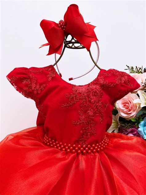 Vestido Infantil Vermelho Renda e Voal Luxo Cinto de Pérolas Rosa