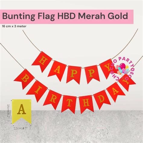 Jual Bunting Flag Happy Birthday MERAH GOLD Banner Ulang Tahun Merah